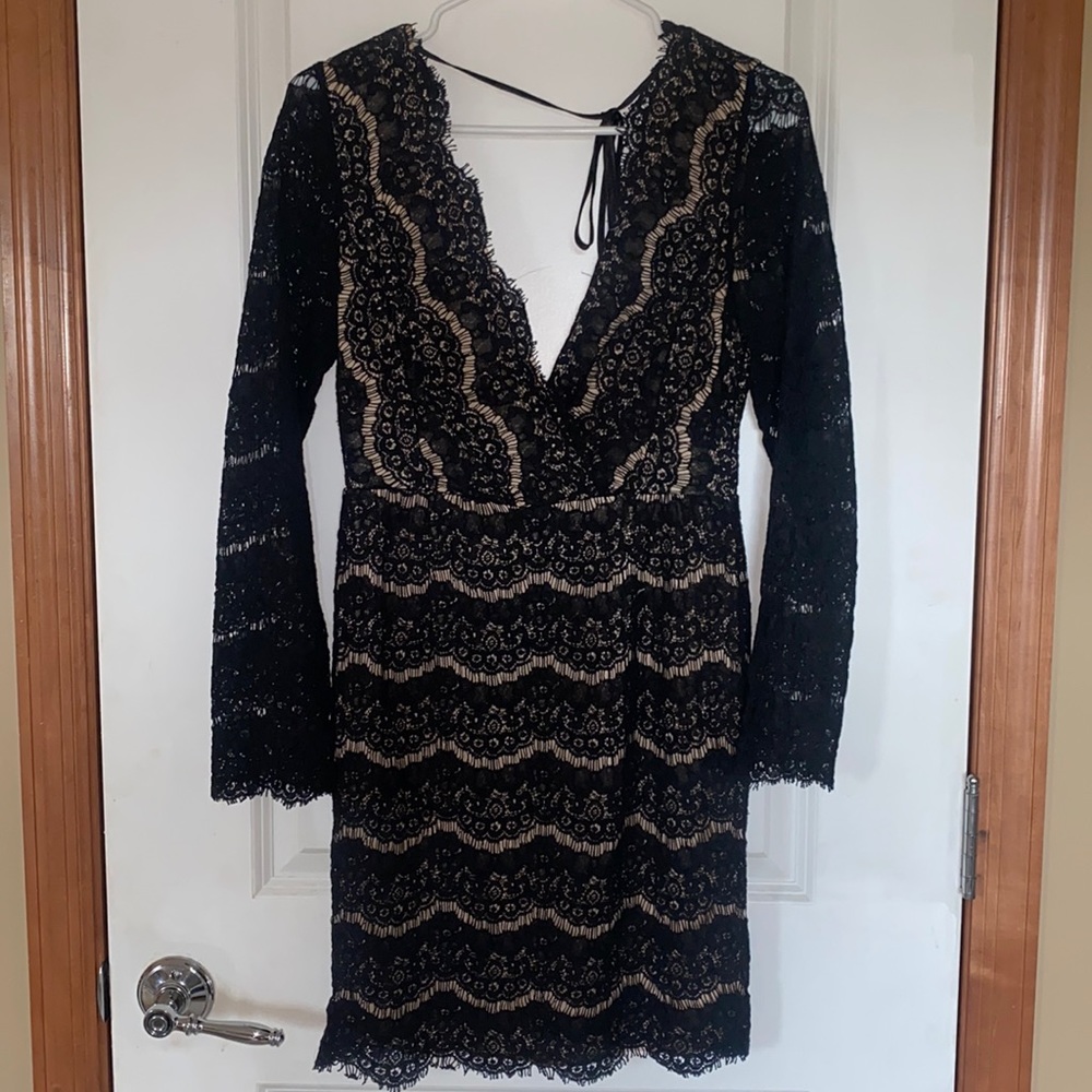 Black lace and tan dress